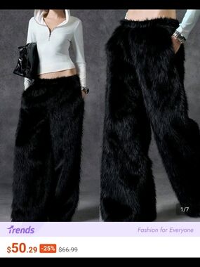NWT Black Faux Fur Wide-Leg Pants Shag Fur Cosplay